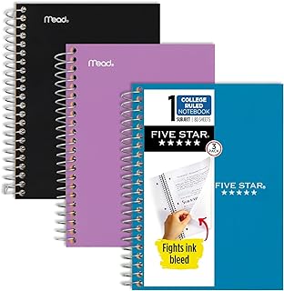 Five Star Spiral Notebooks, 3 Pack, 1 Subject, College Ruled Paper, 7" x 4-3/8", Personal Size, 80 Sheets, Black, Blue, Purple (450048C-ECM)