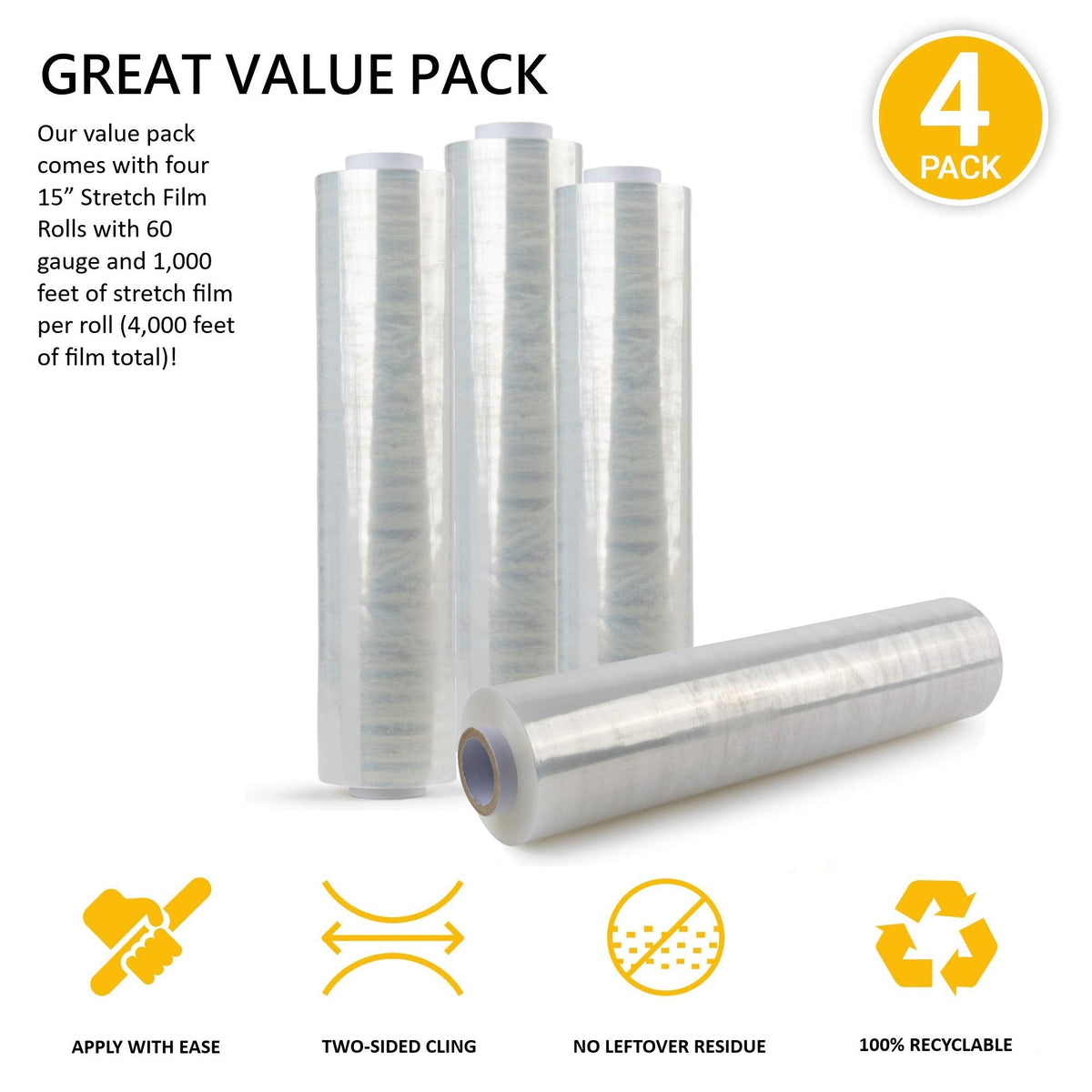 15 Inch Clear Stretch Wrap Replacement Roll (4 Refill Rolls-4000 Feet) No Handle by Modern Innovations – 4 Count, Plastic, Refill, Pack of 4, Model 1143