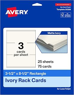 Avery Printable Rectangle Rack Cards, 3.5" x 8.5", Matte Ivory, Laser/Inkjet Compatible, 75 Total, Ideal for Packaging, Displays, and Business Use