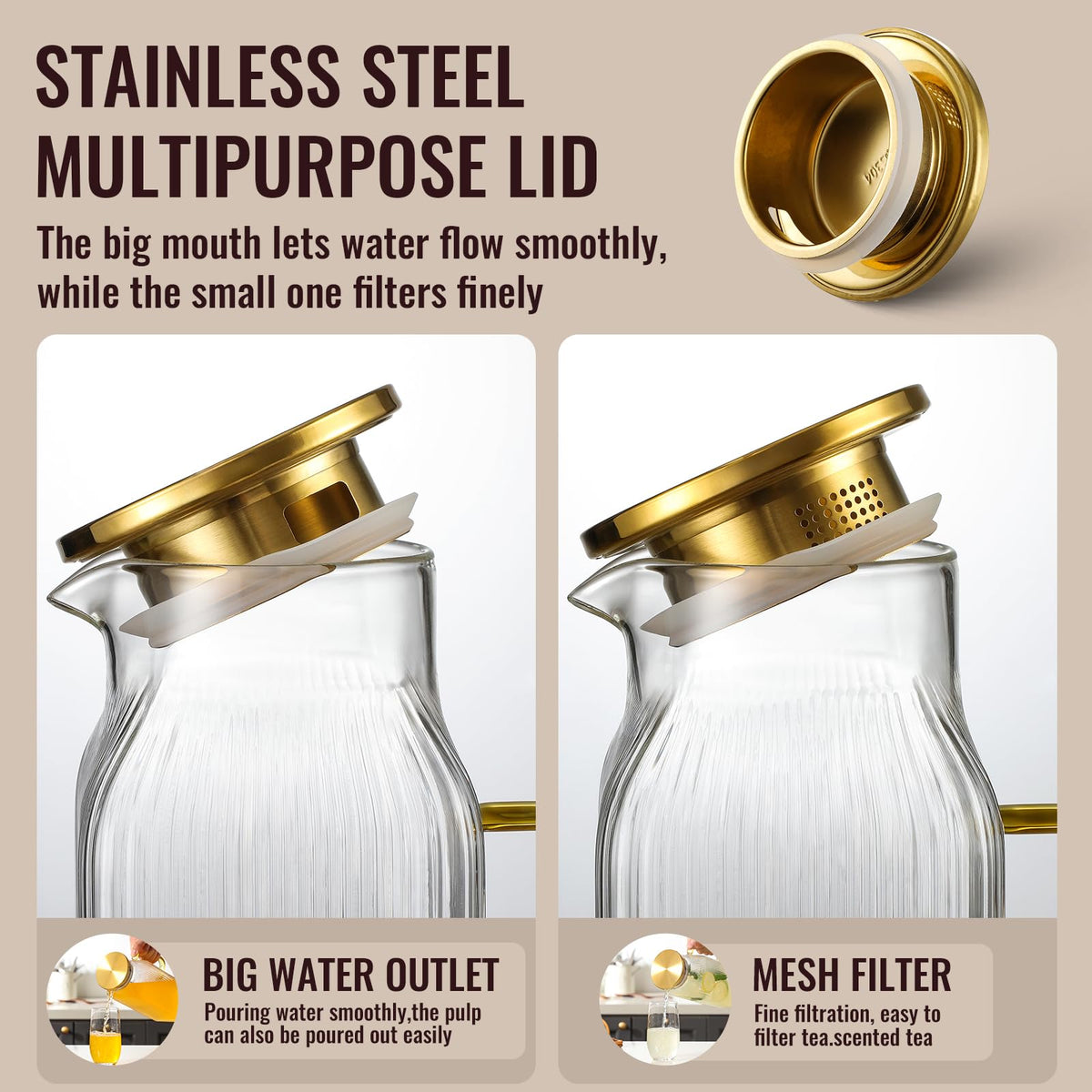 Snuvid Square Glass Pitcher with Lid, 2.2 Liter 75 Ounce, Gold