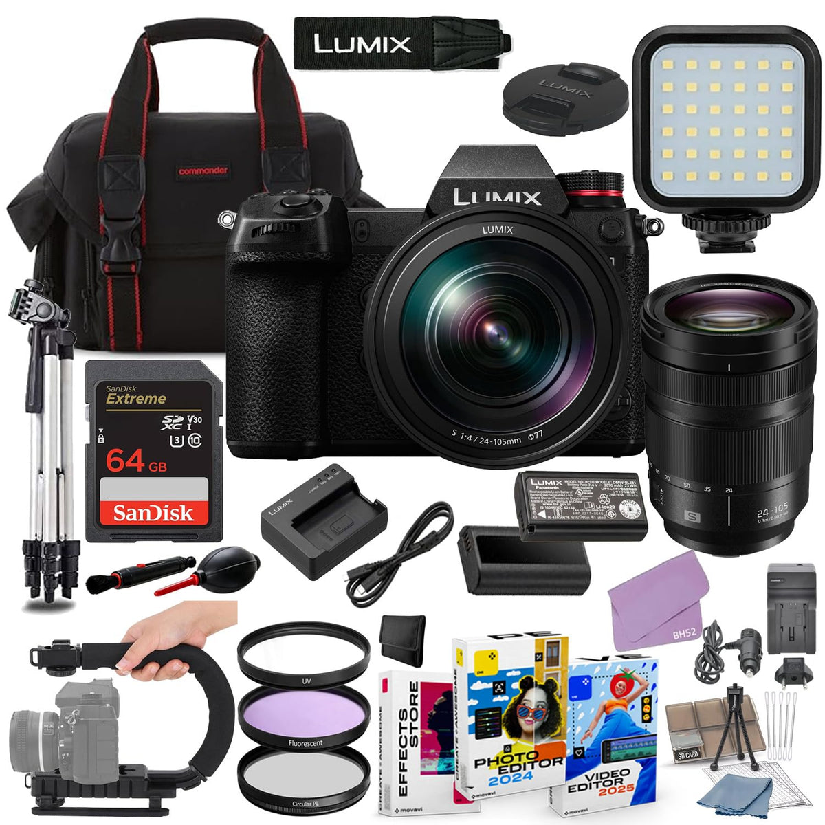 Lumix S1 Mirrorless Camera with 24-105mm Lens Bundle + Accessory Package with 64GB Memory by Panasonic – Black, Pack of 40, Model BH52-S124105-71626