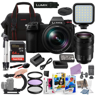 Lumix S1 Mirrorless Camera with 24-105mm Lens Bundle + Accessory Package with 64GB Memory by Panasonic – Black, Pack of 40, Model BH52-S124105-71626