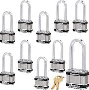 Master Lock Magnum Padlock - 2" W x 2-1/2"L Shackle, Ten (10) Keyed Alike Locks w/20 Keys, M5NKALJSTS-10 w/BumpStop Technology