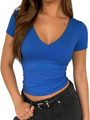 Womens Casual V Neck Short Sleeve T Shirts Going Out Tops Double Lined Slim Fitted Summer Basic Tee