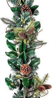 9 Foot Pre-Lit Artificial Christmas Garland, Magnolia Leaf | Indoor/Outdoor, Pre Lit with 100 LED Lights, Remote Controlled Battery Powered Timer, Compatible with A/C Adapter