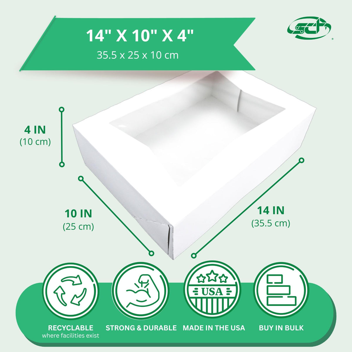 Southern Champion Tray 24263 Paperboard White Window Bakery Box – 14" Length x 10" Width x 4" Height (Case of 100)