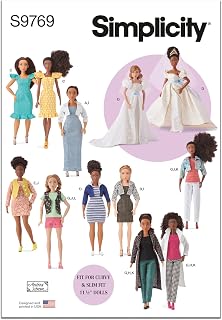 Simplicity S9769 11.5" Fashion Doll Clothes Sewing Pattern for Regular & Curvy Dolls by Andrea Schewe, One Size