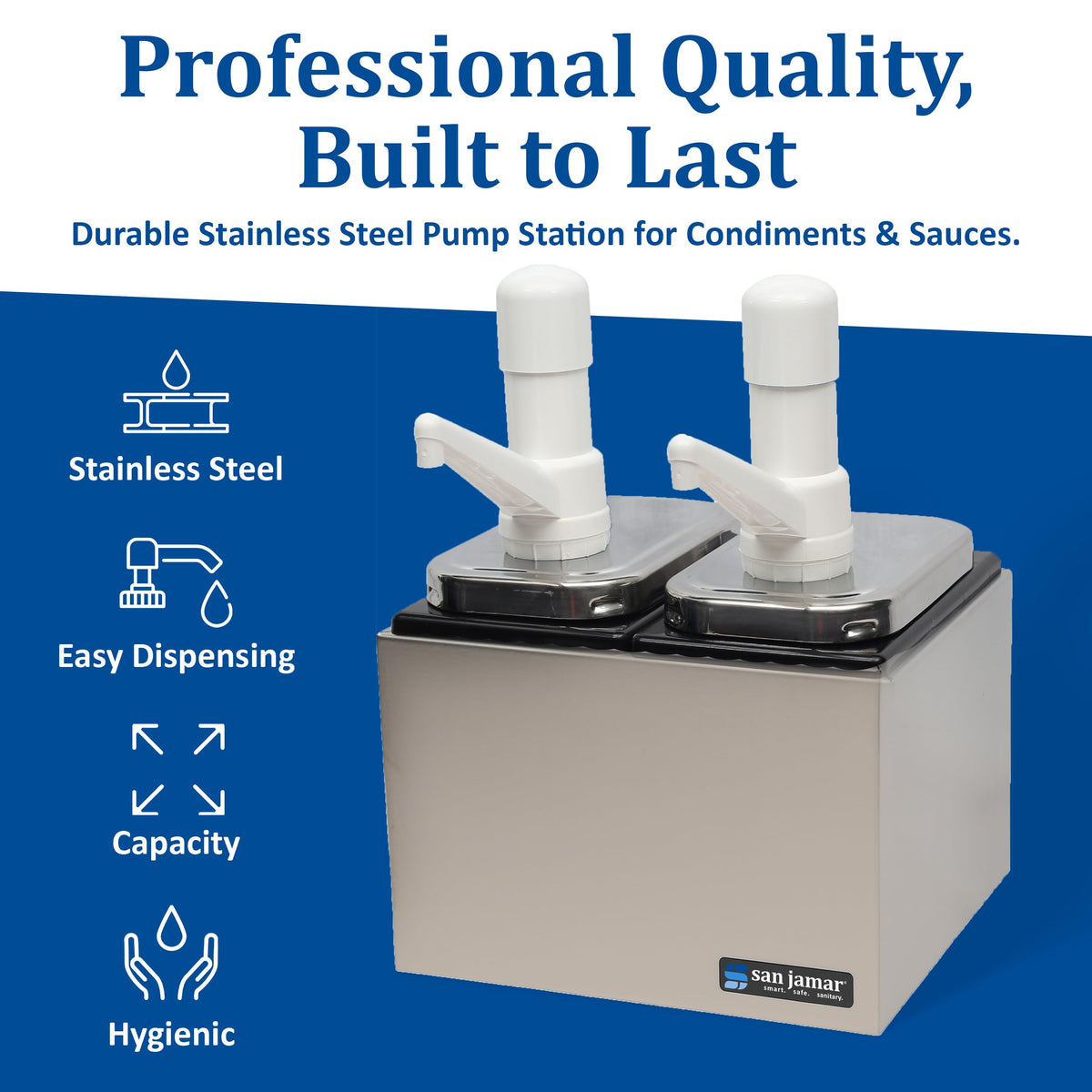 San Jamar Stainless Steel Condiment Pump Service Center with 2 Wells Black Jars by Carlisle FoodService Products – 12 x 8.25 x 8", Stainless Steel, Stainless, Model P9712