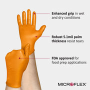 MICROFLEX Mega Texture 93-256 Nitrile Gloves by Ansell – Size 7 (S), Nitrile, Orange, Pack of 100, Model 93256070
