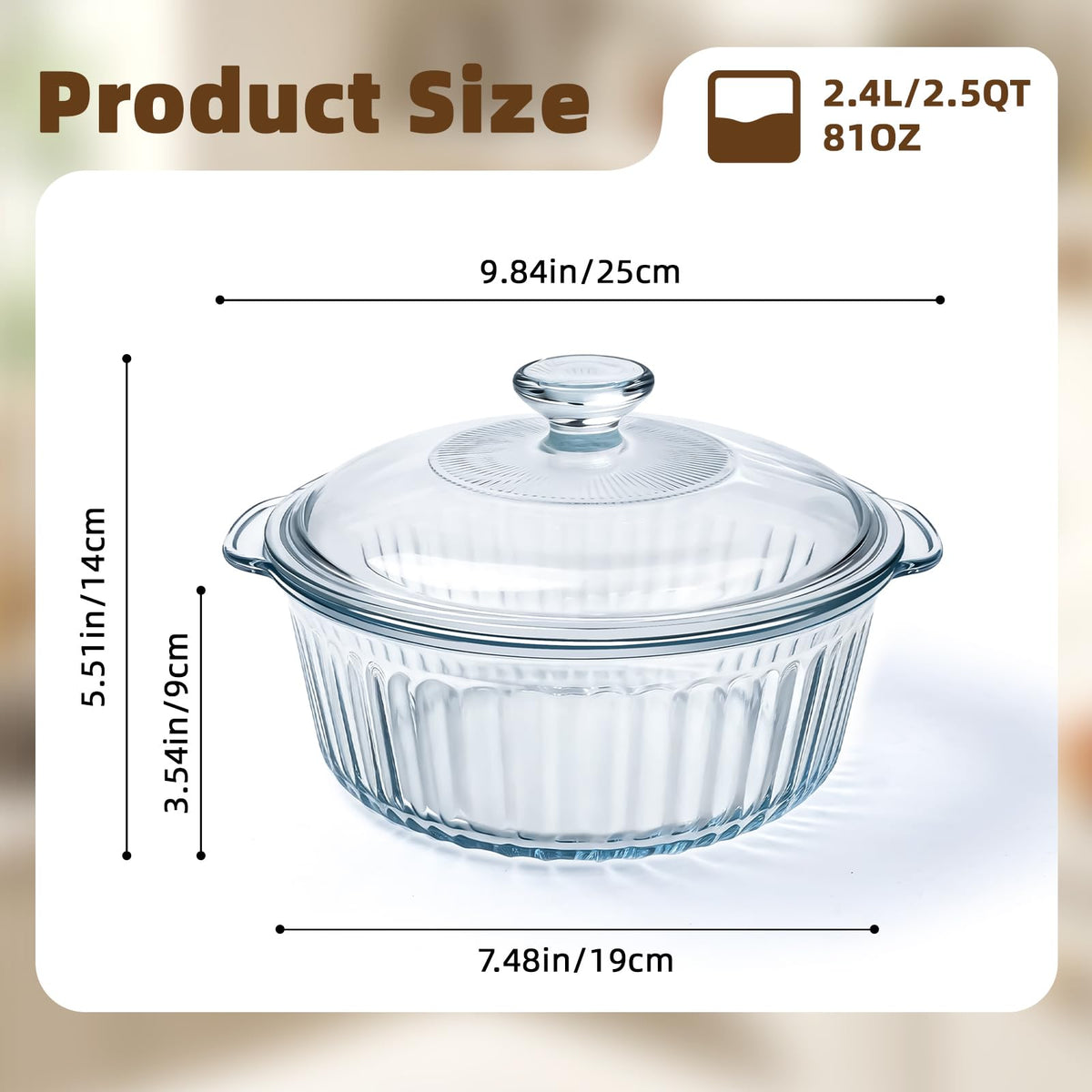 Luvan Round Glass Casserole, 2.4L Borosilicate, Transparent