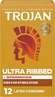 TROJAN Ultra Ribbed Plus Spermicide Latex Lubricated Condoms, 12 Count
