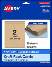 Avery Printable Rectangle Rounded Rack Cards, 4.25" x 9", Matte Kraft Brown, Sure Feed Technology, Laser/Inkjet Compatible, 50 Total, Ideal for Packaging, Displays, and More