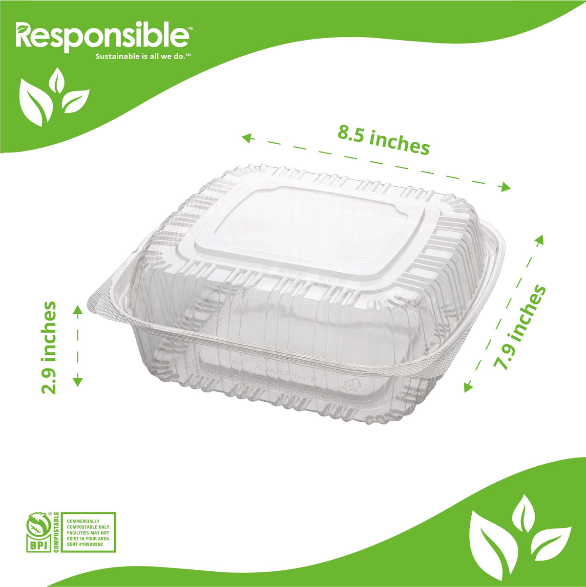8" x 8" inch Clear Hinged Container by Responsible Products – 220.16 cubic_inches, Other, Clear, Model RP-PLA8X8HC-250-250