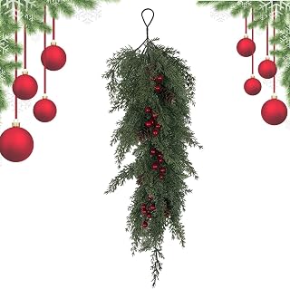 Pine Berry Garland, Christmas Greenery Decor with Red Stems for Fireplace | Fireplace Pine Mantel Decor for Christmas Tree Mantle Wall Indoor Outdoor Home Window Stairs Railing Living Room Pine Berry