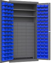 Durham 3501-DLP-60DR11-96-2S5295 Lockable Cabinet with 96 Blue Hook-On Bins, 2 Adjustable Shelves, Flush Door Style, 60 Drawer, 36" Wide, 14 Gauge, Gray