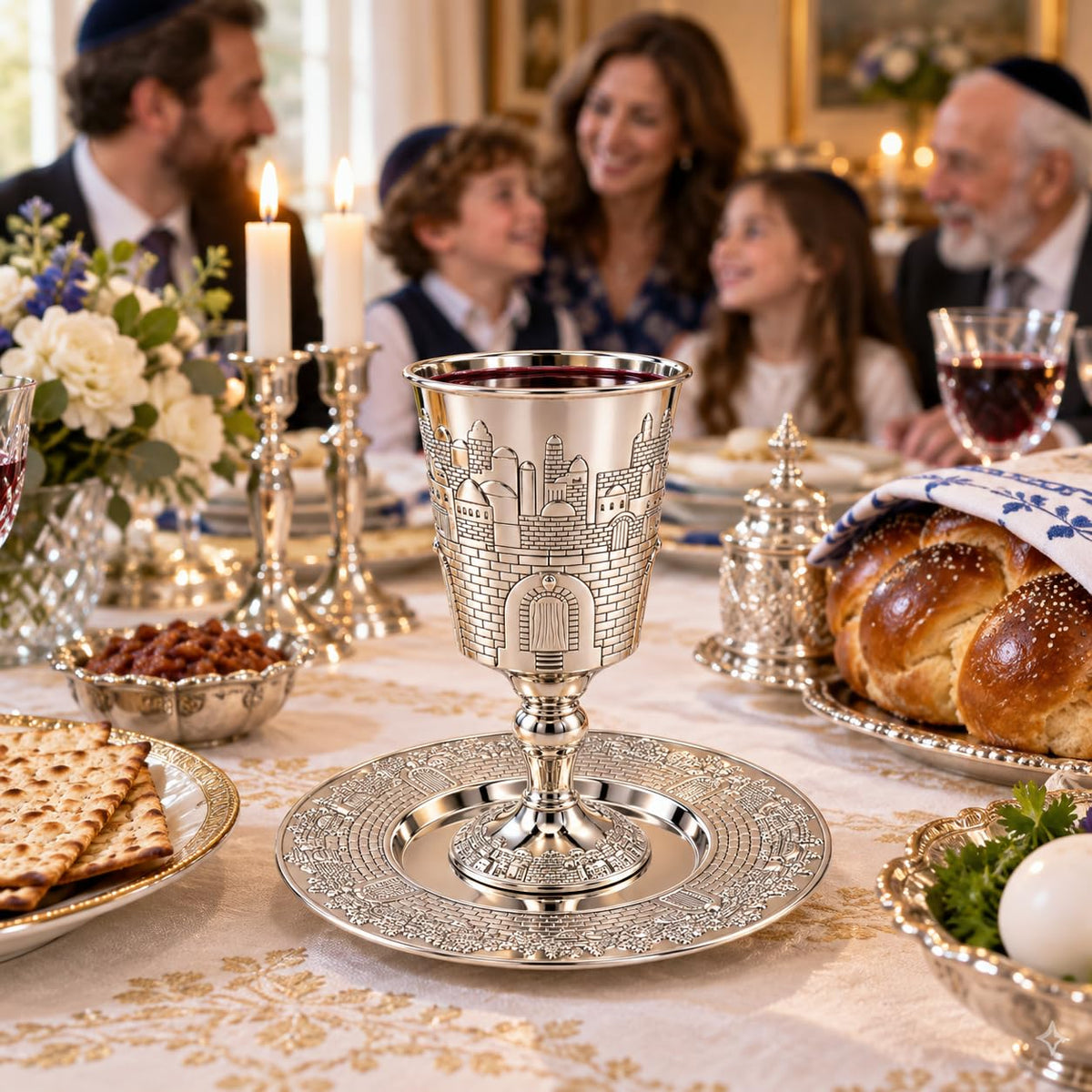 The Dreidel Company Kiddush Cup, 8 Ounces, Jerusalem Design with Leg