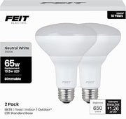 Feit Electric BR30 LED Flood Light Bulb, 65W Eq, Neutral White, 2 Pack
