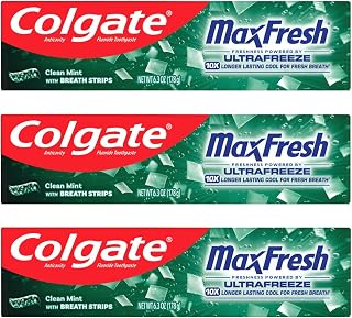 Colgate Max Fresh Toothpaste with Mini Breath Strips, Clean Mint Fluoride Toothpaste for Bad Breath, Long-Lasting Fresh Breath, Helps Fight Cavities, Fresh Mint Gel, 6.3 oz Tube, 3-Pack
