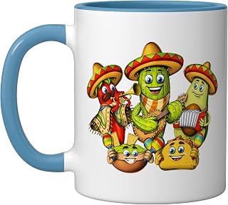 Mexico Mexican Cinco de Mayo Fiesta Tacos Cactus Avocado Ceramic Mug, Blue/White, 11oz