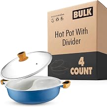 Nonstick Hot Pot with Divider Blue Shabu Shabu with Silicone Spoons Divided Cooker for Two Broths Compatible with Induction Gas or Grill 4 Count