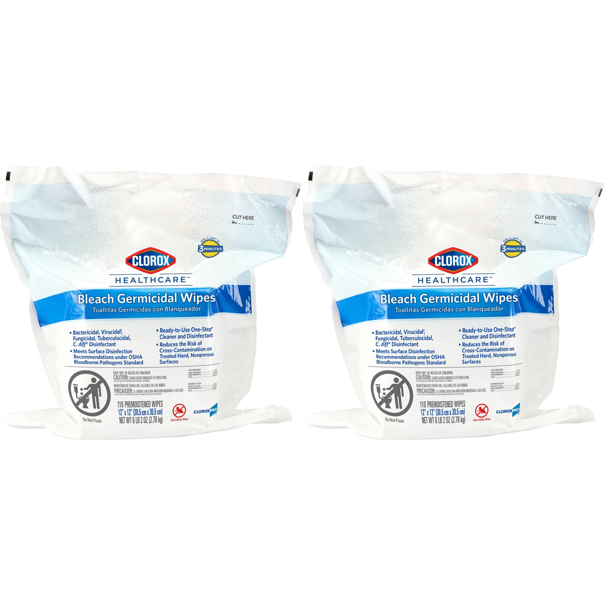 Clorox Healthcare Bleach Germicidal Wipes, 12" x 12", Refill for Bucket, 110 Count Pouch, Pack of 2 (Package May Vary)