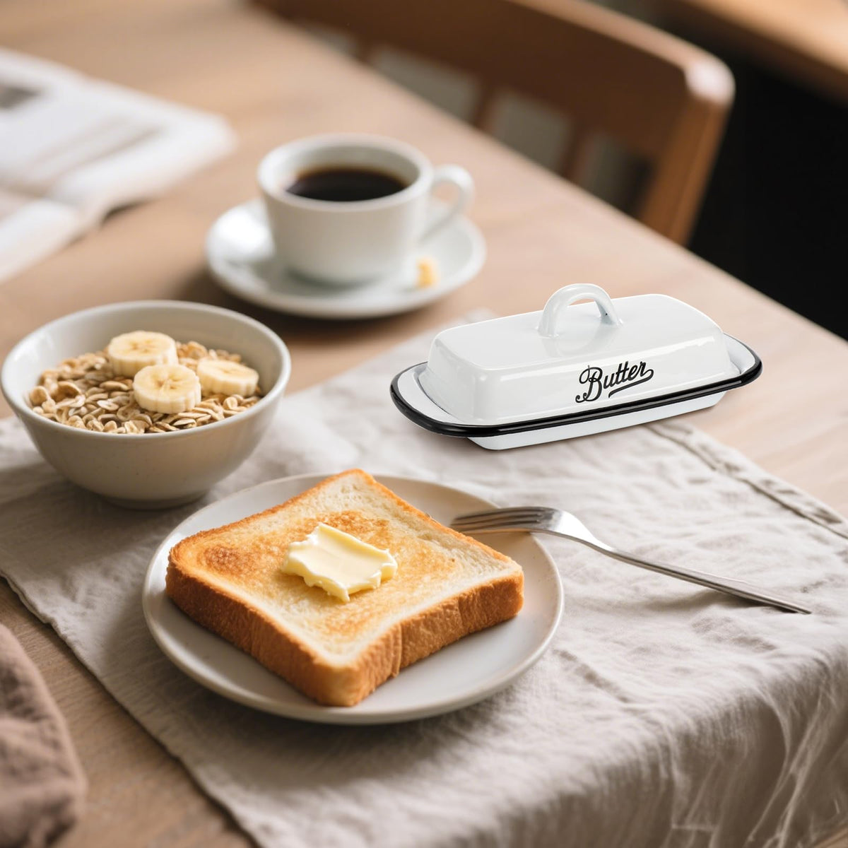 Suwimut Enamel Butter Keeper, White with Black Trim, 7.7 x 4.3 x 2.6 Inches