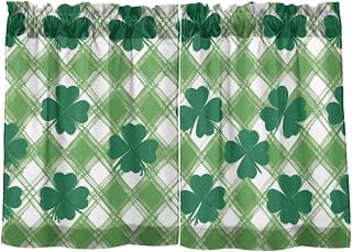 Kitchen Curtain 24 inch Length, St. Patrick Clover Plaid Tier Curtain Linen-Like Fluffy Sheer Curtain for Kitchen Bedroom Window, Tier Curtain