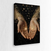 Hands Holding Golden Stars Magical Dark Canvas Decor