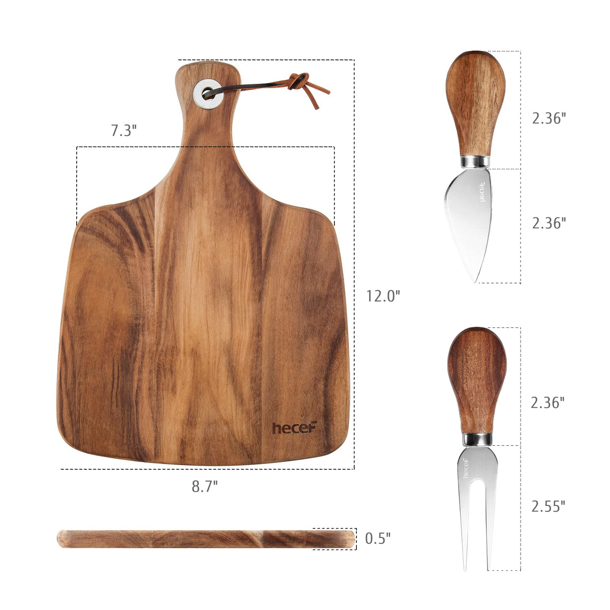 Hecef Acacia Wood Cheese Board Set, 12 x 8.7 Inches, With 2 Knives