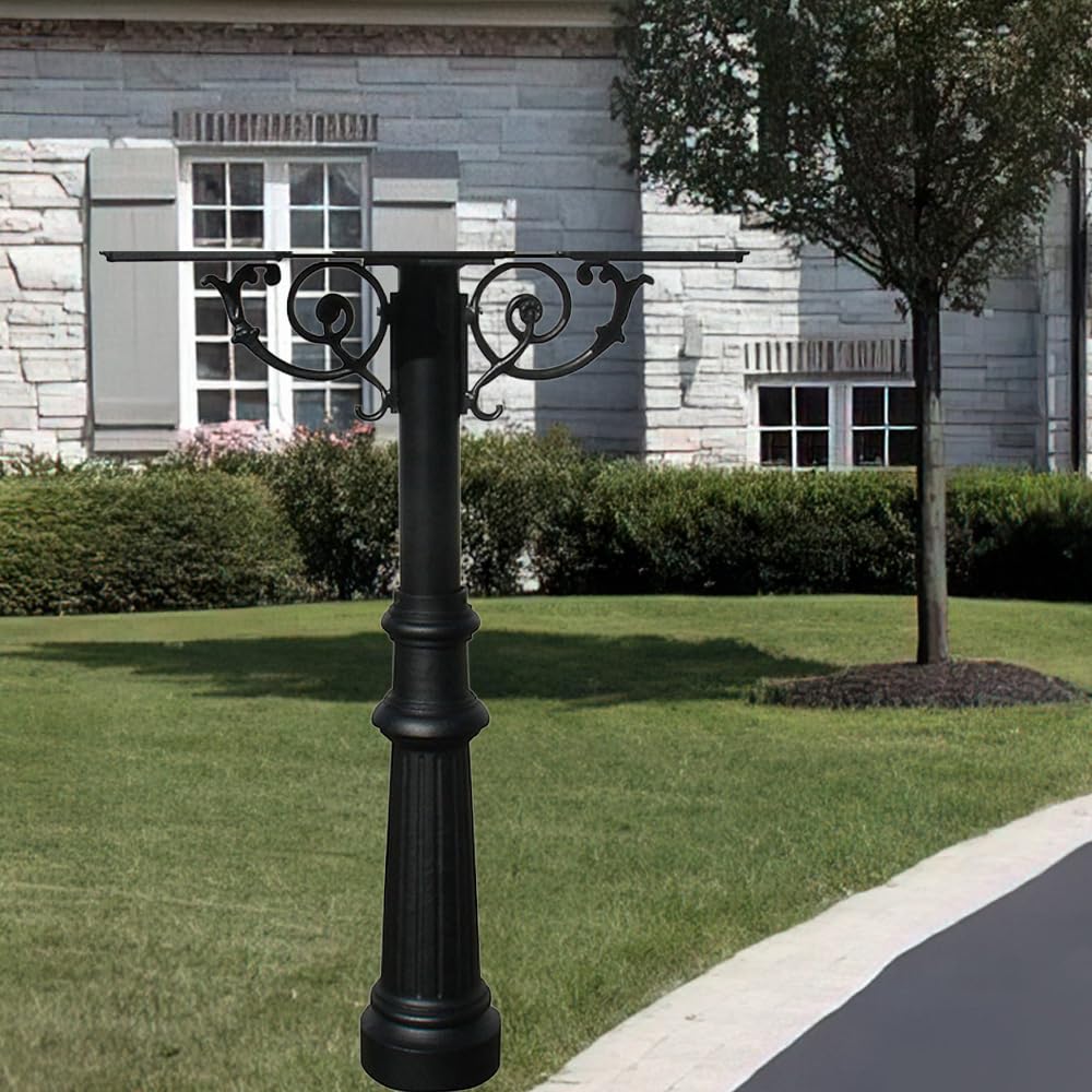 Hanford Rust Free Cast Aluminum Mailbox Post with Fluted Base and Scroll Supports to Mount 2 Mailboxes by Qualarc – 3"L x 22"W x 72"H, Aluminum, Black