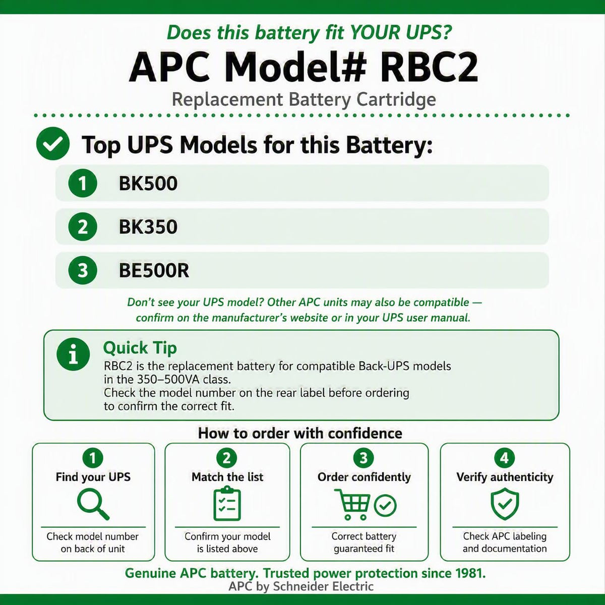 Genuine UPS Replacement Battery for BK by APC – RBC2, Lead Acid, black, Model RBC2