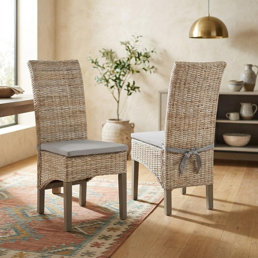 Gray Dining Chairs Set with Modern Design by Furnifact – Mahogany 50.00%,Rattan 40.00%,Polyester 5.00%,Foam 5.00%, Grey, Pack of 2