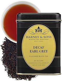 Harney & Sons Decaf Earl Grey Loose Leaf Black Tea Tin, 3 oz | Decaffeinated black tea with natural bergamot flavor. 3 oz loose leaf tea.