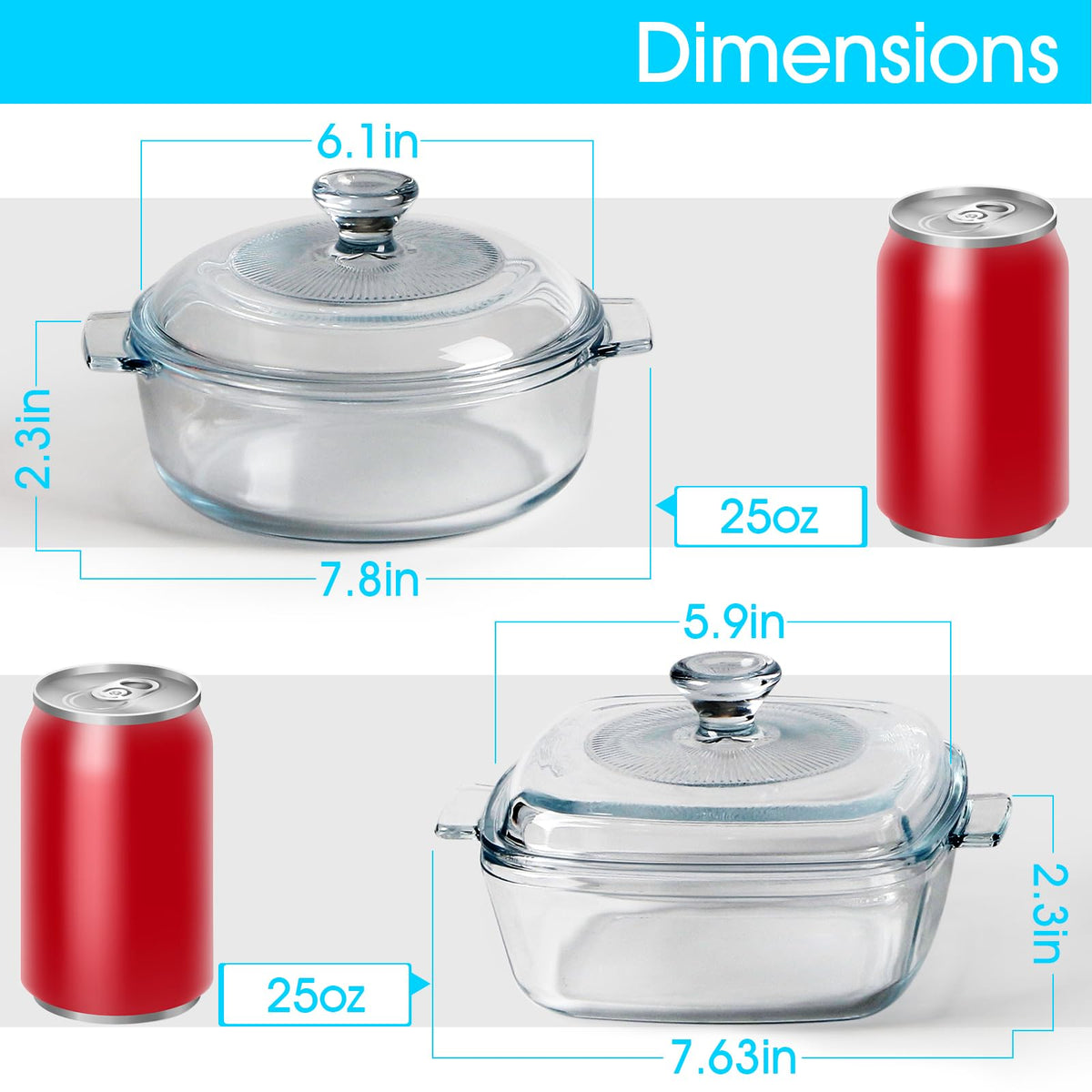 Nutriups Glass Casserole Set with Lids, 0.8 Liter, Square and Round