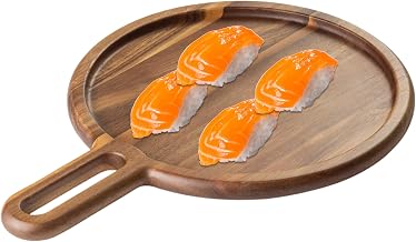 Tablecraft Round Wood Serving Tray, Wooden Platter for Appetizer, Cheese Board, Charcuterie and Party Decor, Rustic Acacia Finish, Commercial Foodservice Restaurant Use, 12" Dia, 16.7" Long, Brown