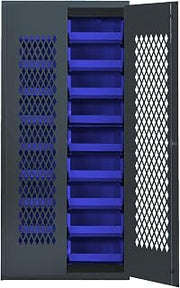 QUANTUM STORAGE SYSTEMS Quantum MESH-250BL Heavy-Duty Modular Shelving Cabinet with Mesh Door Design for Industrial Warehouse Supply Distribution | Includes (18) QUS250 Blue Bins | 36"W x 18"D x 78"H, Gray, Carbon Steel