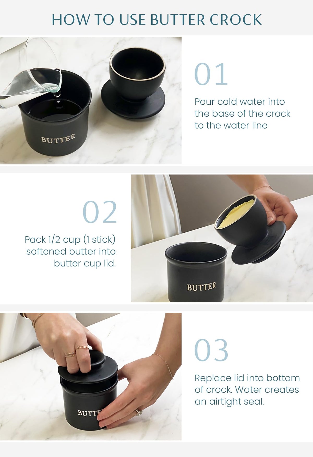 KooK French Butter Keeper, Ceramic Crock with Lid, Matte Speckled Grey