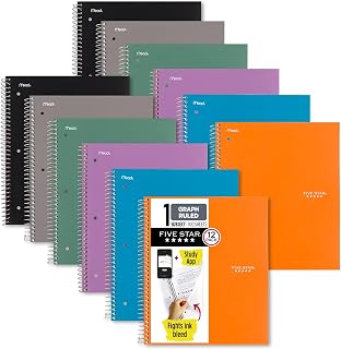 Five Star Spiral Notebook + Study App, 12 Pack, 1 Subject, Graph Ruled Paper, 8-1/2" x 11", 100 Sheets, Purple, Orange, Green, Blue, Gray, Black (38630)