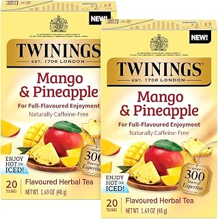 Twinings Mango & Pineapple Tea 2-Pack (20 Tea Bags Ea) – Naturally Caffeine-Free Juicy & Sweet Tea + Reusable Tea Bag Holder