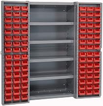 Global Industrial Deep Door Bin Cabinet, Includes 96 Red Plastic Bins | Padlockable Steel Cabinet, 38"W x 24"D x 72"H, For Tool and Parts Storage, Assembly Required