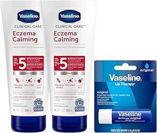 Eczema Lotion, Calming Therapy Cream 2-Pack with Colloidal Oatmeal + Original Vaseline Lip Therapy for Dry Lips with Petroleum Jelly (3 Piece Set)