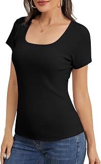 Women's Scoop Neck Short Sleeve Shirts Ribbed Knit Stretchy Tops