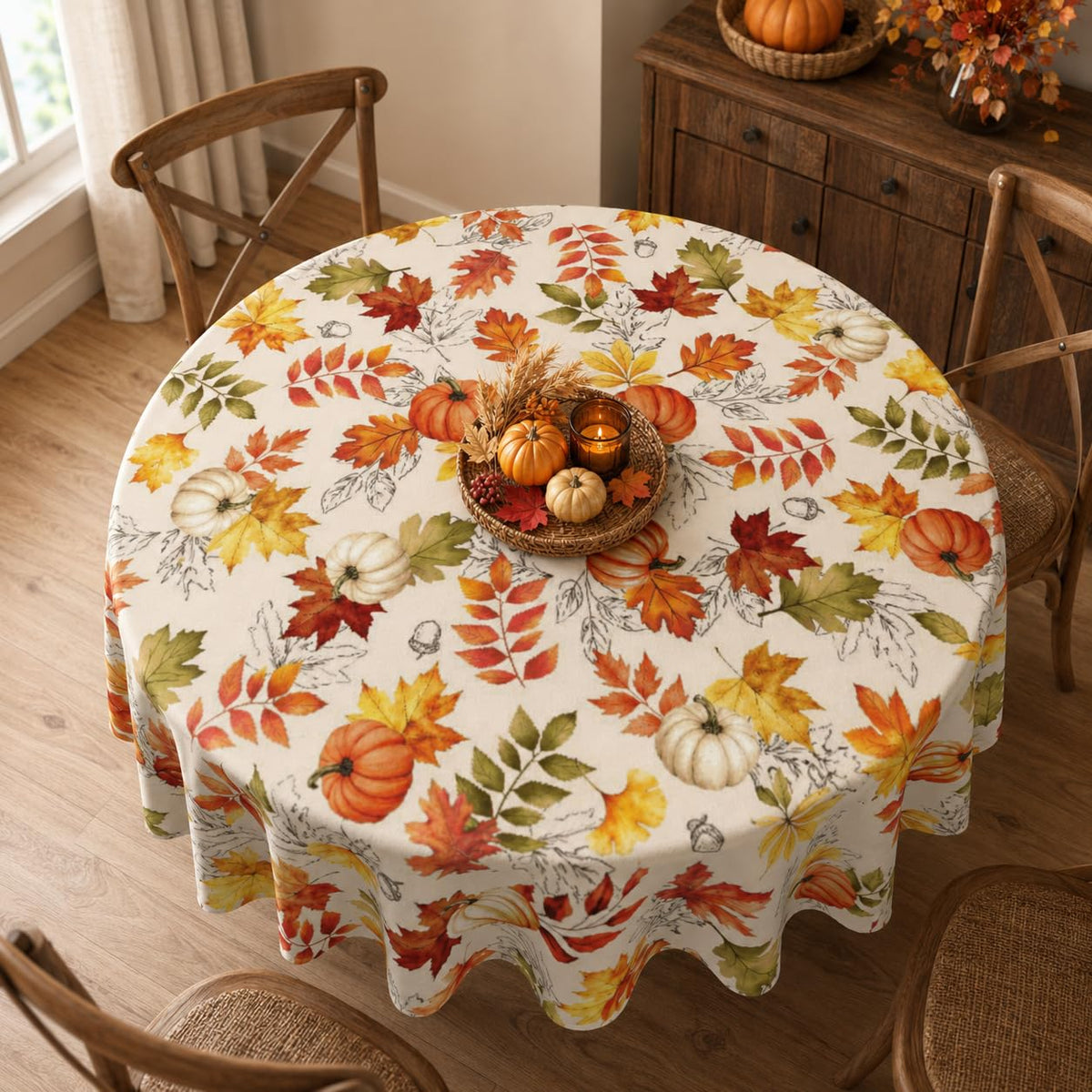 Soheioue Round Tablecloth, 60 Inch Diameter, Brown Autumn Design