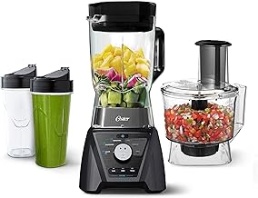 Oster Blender and Food Processor Combo with 3 Settings for Smoothies, Shakes, and Food Chopping, Includes 2 24-Ounce Cups and Lids, Carbon Grey