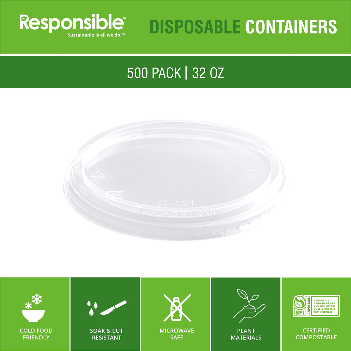 Lids 8-32 oz Clear Round Deli Containers by Responsible Products – 8-32 oz, 32.0 fluid_ounces, Other, Clear, Model RP-PLARDCL-117-500
