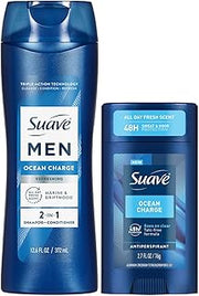 Suave Men’s 2-in-1 Shampoo and Conditioner, Ocean Charge + Antiperspirant Deodorant for Men, Ocean Charge, 48H Sweat & Odor Protection (2 Piece Set)