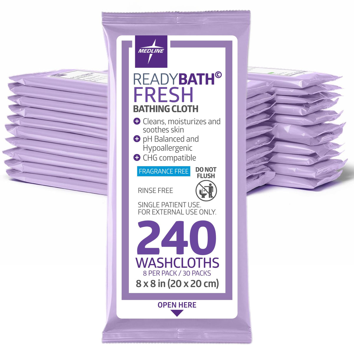 ReadyBath Fresh Unscented Shower Wipes by Medline – 1 Count (Pack of 240), Non-woven fibers, purple, Pack of 240, Model MSC095309