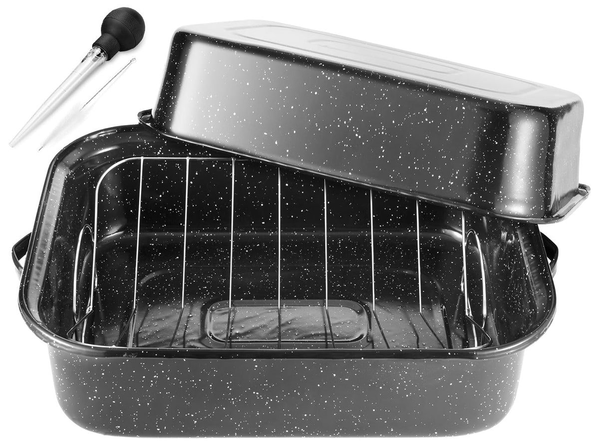 JY Cookment Roasting Pan With Rack and Lid, 21 Inch Rectangular, Black
