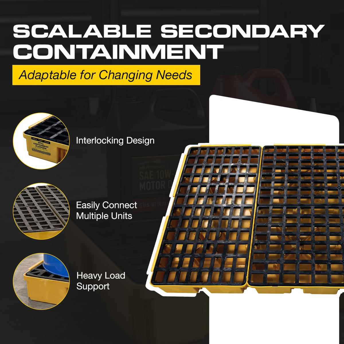 6 Drum Spill Containment Pallet with Forklift Pockets by Eagle – 6 Drum, Plastic, Yellow, Model 1686