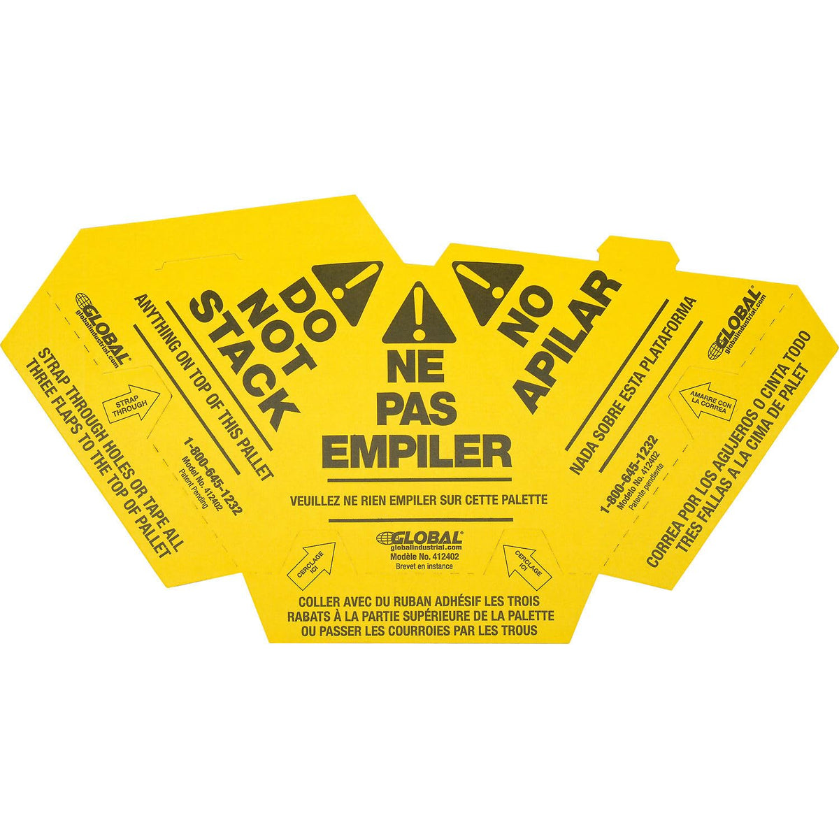 Trilingual "Do Not Stack" Printed Pallet Cones by Global Industrial – 8 x 8 x 10, Corrugated Cardboard, Yellow, Model 412402